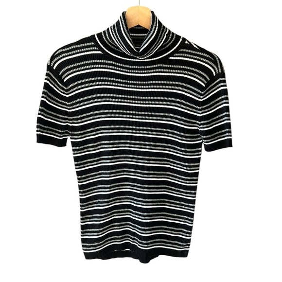 Gap Vintage Y2K Stripe Short Sleeve Sweater Turtle Neck Black White 100% Cotton - Picture 1 of 6